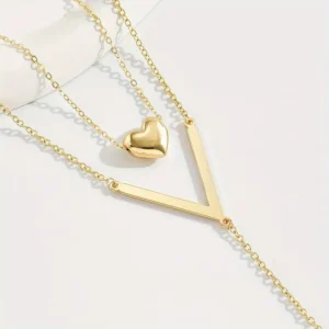 collar dorado doble con colgante de corazón y geométrico